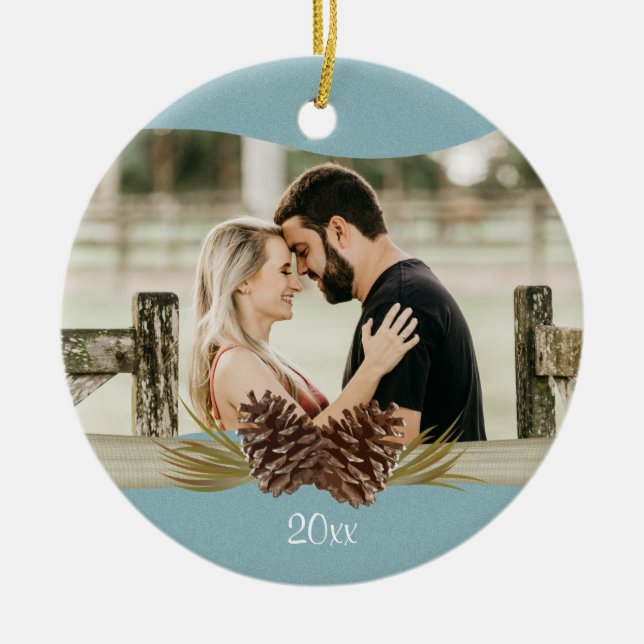 Ornamento De Cerâmica Foto Azul Woodland Pinecones (Frente)