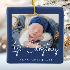 Ornamento De Cerâmica Foto Bebê Primeiro Natal Azul Marinho Branco