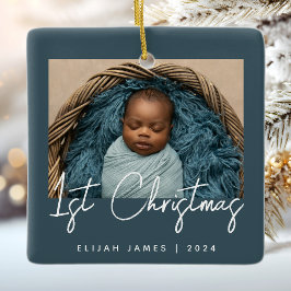 Ornamento De Cerâmica Foto Bebê Primeiro Natal Azul Turquesa Branco