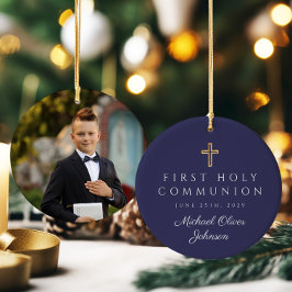 Ornamento De Cerâmica Foto Blue Religerian Cross Boy First Communtion