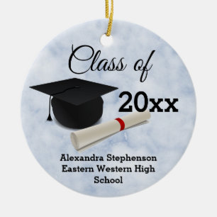 Ornamento De Cerâmica Foto: Boné de formatura traseiro Diploma Blue Marb