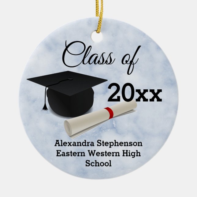 Ornamento De Cerâmica Foto: Boné de formatura traseiro Diploma Blue Marb (Frente)