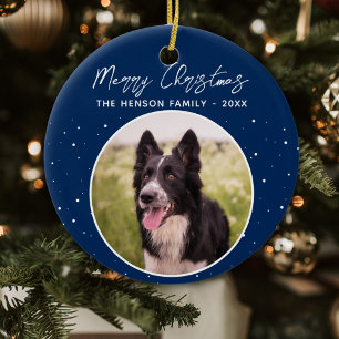 Ornamento De Cerâmica Foto Border Collie Família Feliz Natal Azul