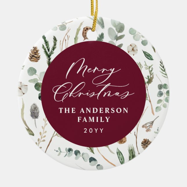 Ornamento De Cerâmica Foto botânica mínima de Natal da Burgundy (Frente)