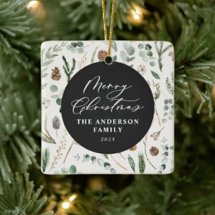 Ornamento De Cerâmica Foto botânica mínima de Natal verde-sábio