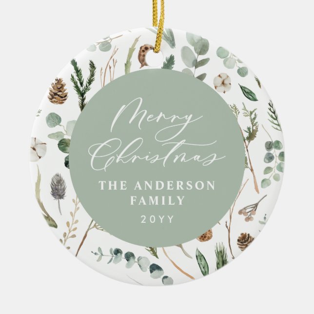 Ornamento De Cerâmica Foto botânica mínima de Natal verde-sábio (Frente)