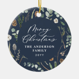 Ornamento De Cerâmica Foto botânica mínima elegante do Natal do marinho