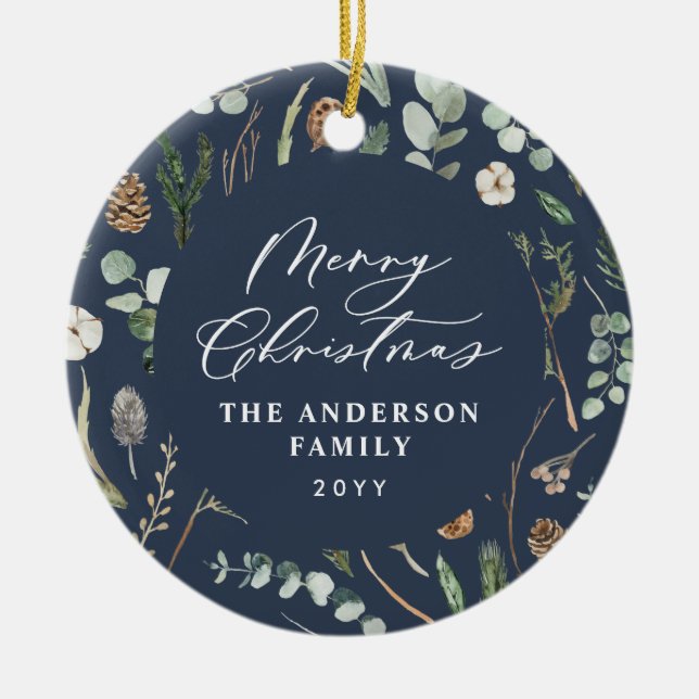 Ornamento De Cerâmica Foto botânica mínima elegante do Natal do marinho (Frente)