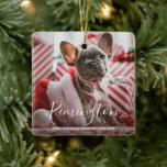 Ornamento De Cerâmica Foto Cachorro Cachorro Cachorro Primeiro Natal<br><div class="desc">Enfeites de natal bonito com duas fotos de seu cachorro ou gato de estimação e tipografia elegante. O lado frontal tem o nome do seu animal de estimação em um formato grande de letra branca junto com seu cartões de natal personalizado. O verso tem a segunda imagem com o ano....</div>