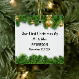 Ornamento De Cerâmica Foto casada de primeira árvore de Natal verde