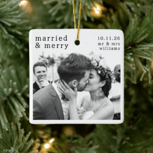 Ornamento De Cerâmica Foto casada e Feliz, Nomes e Natal