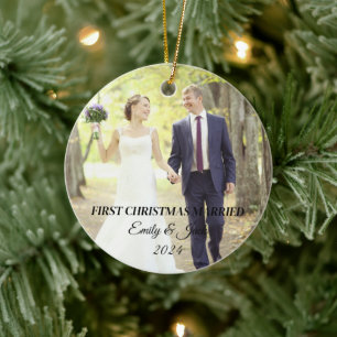 Ornamento De Cerâmica Foto casada no primeiro natal