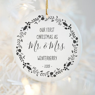 Ornamento De Cerâmica Foto casada no primeiro Natal