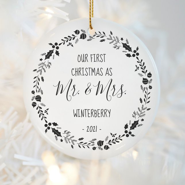 Ornamento De Cerâmica Foto casada no primeiro Natal (Criador carregado)