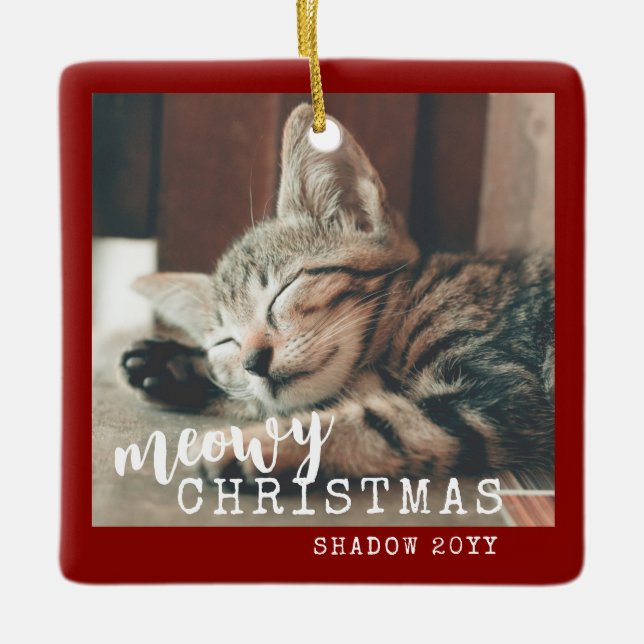 Ornamento De Cerâmica Foto Cat Meowy Christmas Rustic Red (Frente)