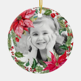 Ornamento De Cerâmica Foto Clássica de Natal Feliz com Poinsettia