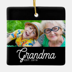 Ornamento De Cerâmica Foto com Letra Preta e Branca da Avó Estabelecida