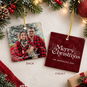 Ornamento De Cerâmica Foto com Letreiro de Feliz Natal em Veludo Vermelh