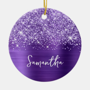 Ornamento De Cerâmica Foto com Nome Glam Amethyst Roxo Brilhante
