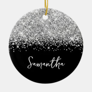 Ornamento De Cerâmica Foto com Nome Glam Prateado e Preto