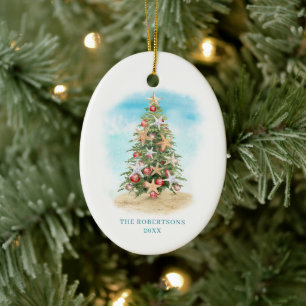 Ornamento De Cerâmica Foto da Árvore de Natal na Praia