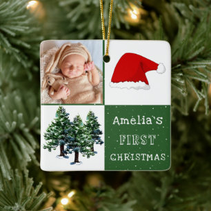 Ornamento De Cerâmica Foto da Árvore de Neve Santa Hat de Natal do bebê