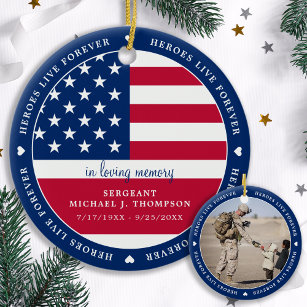 Ornamento De Cerâmica Foto da Bandeira Americana do Soldado Militar Memo