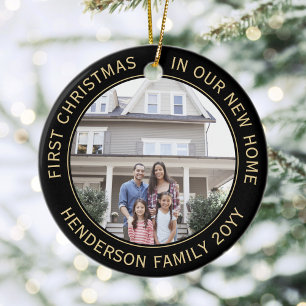 Ornamento De Cerâmica Foto da Casa Primeiro Natal Novo Preto e Dourado