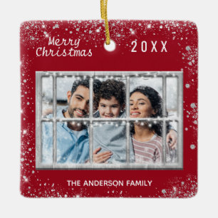 Ornamento De Cerâmica Foto da família branca-natalina inverno