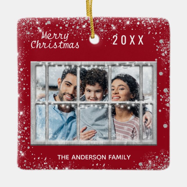 Ornamento De Cerâmica Foto da família branca-natalina inverno (Frente)