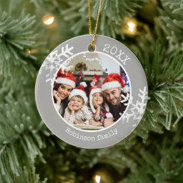 Ornamento De Cerâmica Foto da Família Cinza Floco de Neve Natal