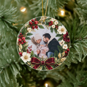 Ornamento De Cerâmica foto da família com coroa de Natal Borgonha