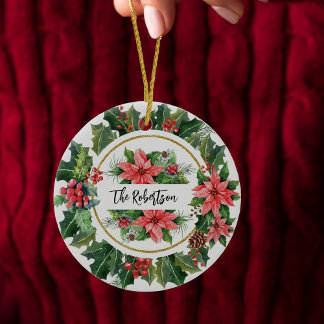Ornamento De Cerâmica Foto da família da Wreath Holly Poinsettia de Nata
