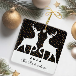 Ornamento De Cerâmica Foto da Família de Joy Reindeer de Confetti Preto 