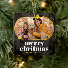 Ornamento De Cerâmica Foto da família de Natal Dourada e minimalista