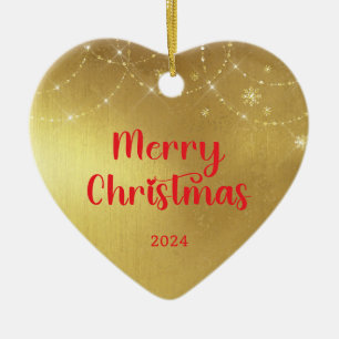 Ornamento De Cerâmica Foto da família de Natal Dourada e Vermelha