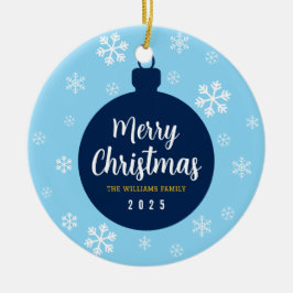 Ornamento De Cerâmica Foto da família de Natal Elegante Blue Snowflake