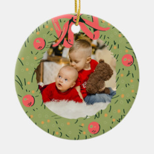 Ornamento De Cerâmica Foto da Família de Natal Família de Guirlanda de A