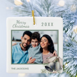 Ornamento De Cerâmica Foto da família de Natal, sinos verdes brancos
