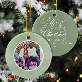 Ornamento De Cerâmica Foto da Família de Natal Verde Personalizada