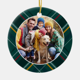 Ornamento De Cerâmica Foto da família de quadros de xadrez verde Natal N