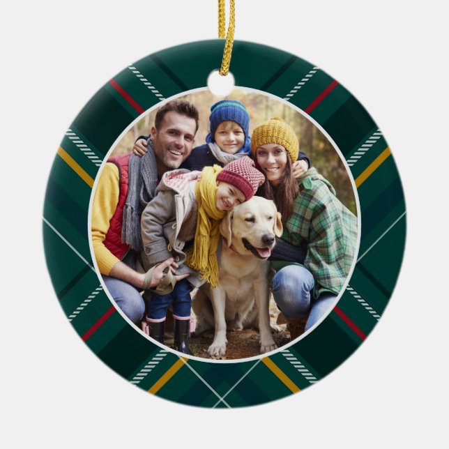 Ornamento De Cerâmica Foto da família de quadros de xadrez verde Natal N (Frente)