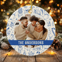 Ornamento De Cerâmica Foto da Família Desenho Azul Natal