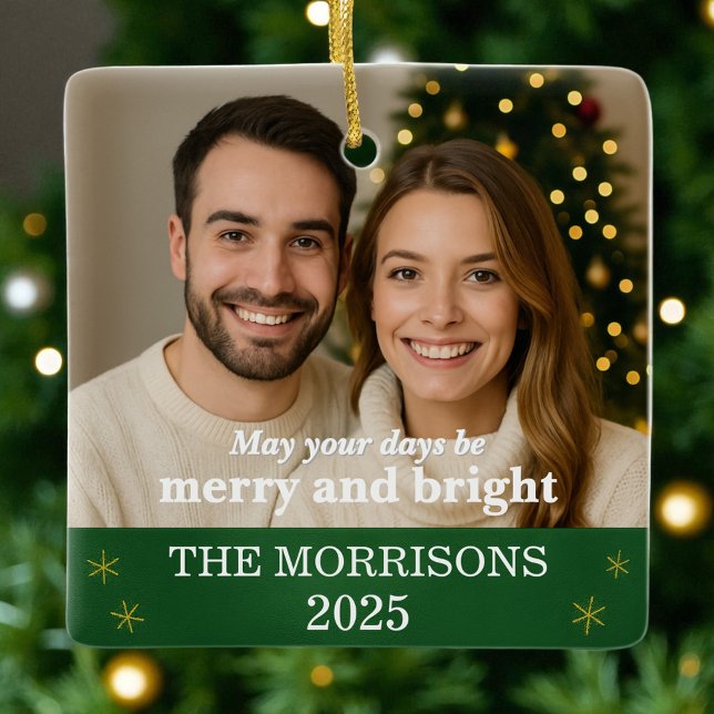 Ornamento De Cerâmica Foto da família Elegante Green e Dourada Snowflake (Criador carregado)