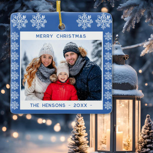 Ornamento De Cerâmica Foto da Família Feliz de Natal Blue Snowflake