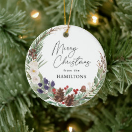 Ornamento De Cerâmica Foto da família Feliz Natal Foliage Wreath