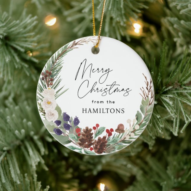 Ornamento De Cerâmica Foto da família Feliz Natal Foliage Wreath (Árvore)