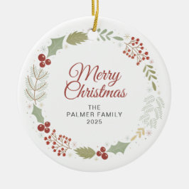 Ornamento De Cerâmica Foto da família Floral Christmas Wreath