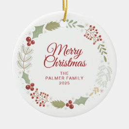 Ornamento De Cerâmica Foto da família Floral Christmas Wreath