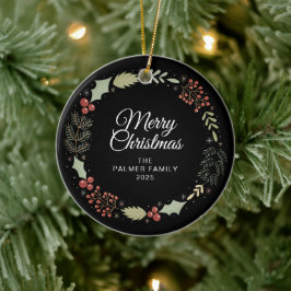 Ornamento De Cerâmica Foto da família Floral Christmas Wreath